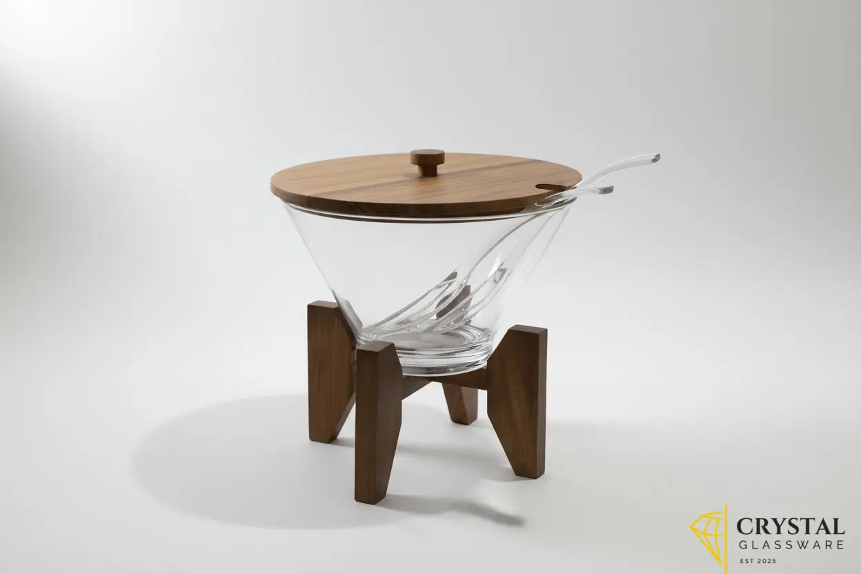 Glass or acrylic salad bowl featuring a natural wood stand